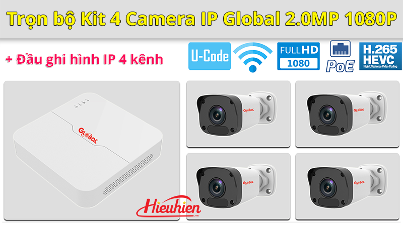 trọn bộ kit 4 camera ip global 2.0mp 1080p + đầu ghi hình ip 4 kênh - 4 camera